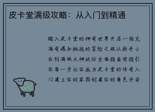 皮卡堂满级攻略：从入门到精通