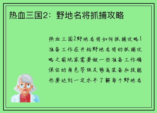 热血三国2：野地名将抓捕攻略