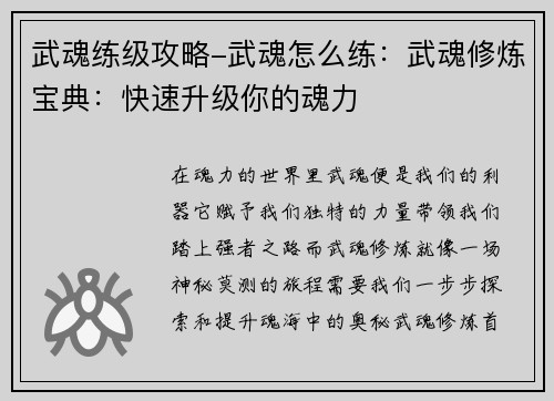 武魂练级攻略-武魂怎么练：武魂修炼宝典：快速升级你的魂力